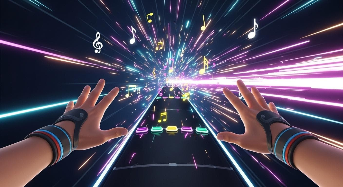 A first-person view of a music rhythm game with hands interacting with glowing sparks, representing webcam-based input.