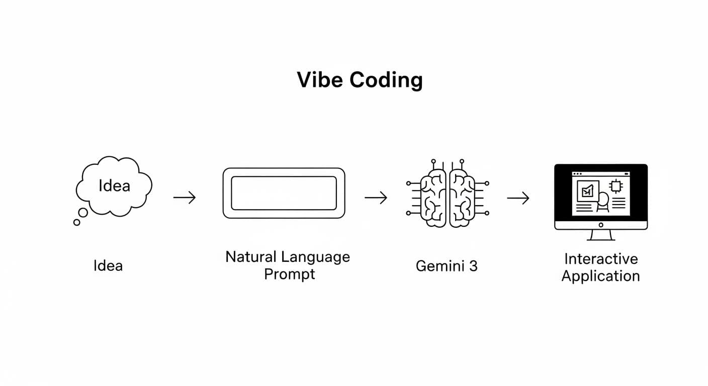 A clean, minimalist infographic explaining the 'Vibe Coding' workflow, showing an idea leading to a prompt, which is processed by Gemini 3 to create an interactive app.
