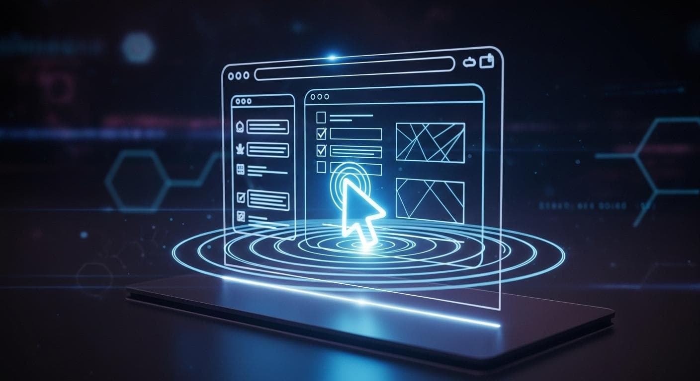 An abstract representation of an AI agent's cursor, glowing blue, interacting with a web application on a floating holographic screen, signifying automated testing.