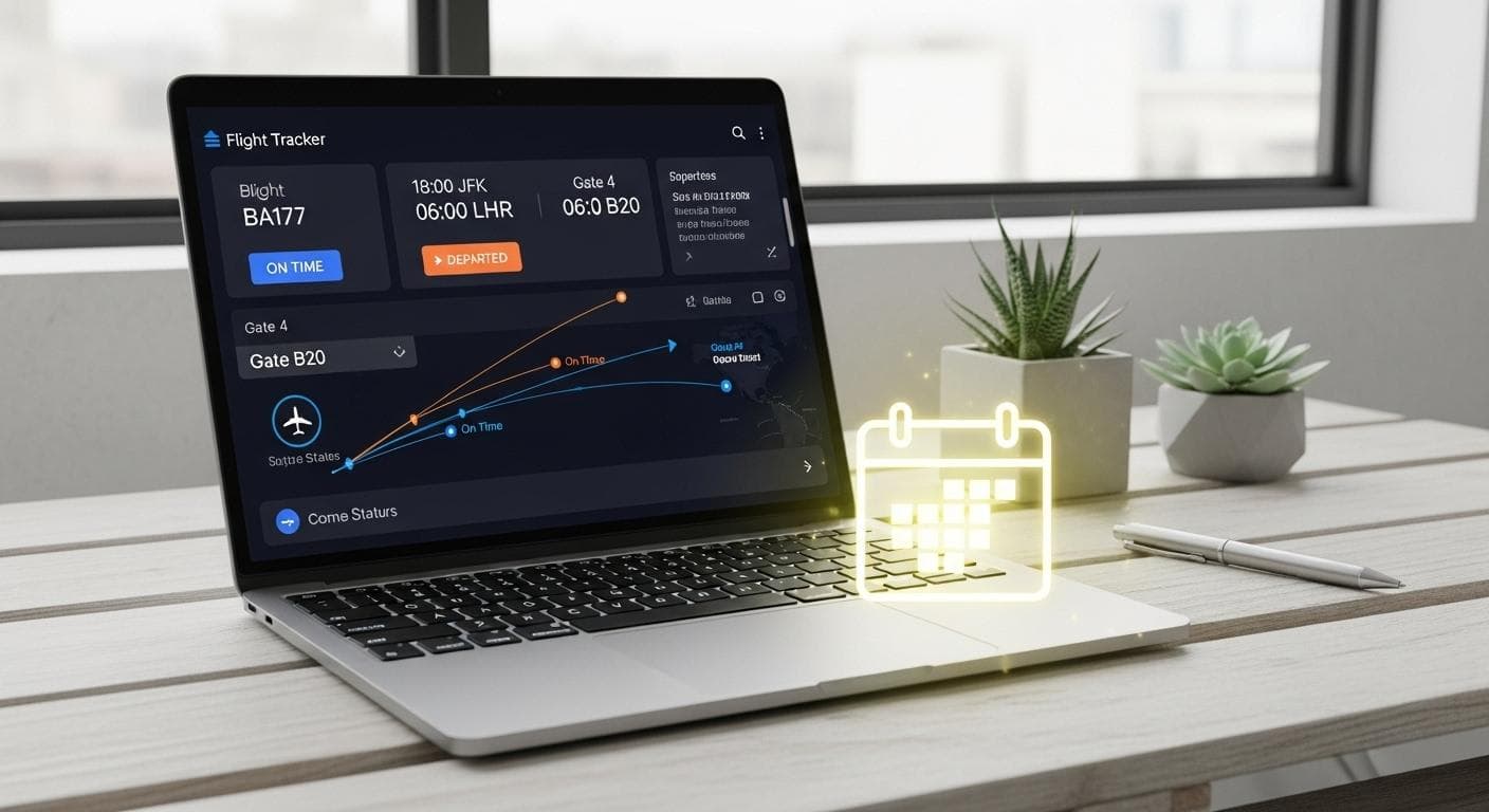 A polished hero shot of the final flight tracker application UI displayed on a sleek, modern laptop screen. A subtle calendar icon is overlaid on the image, signifying the successful integration.