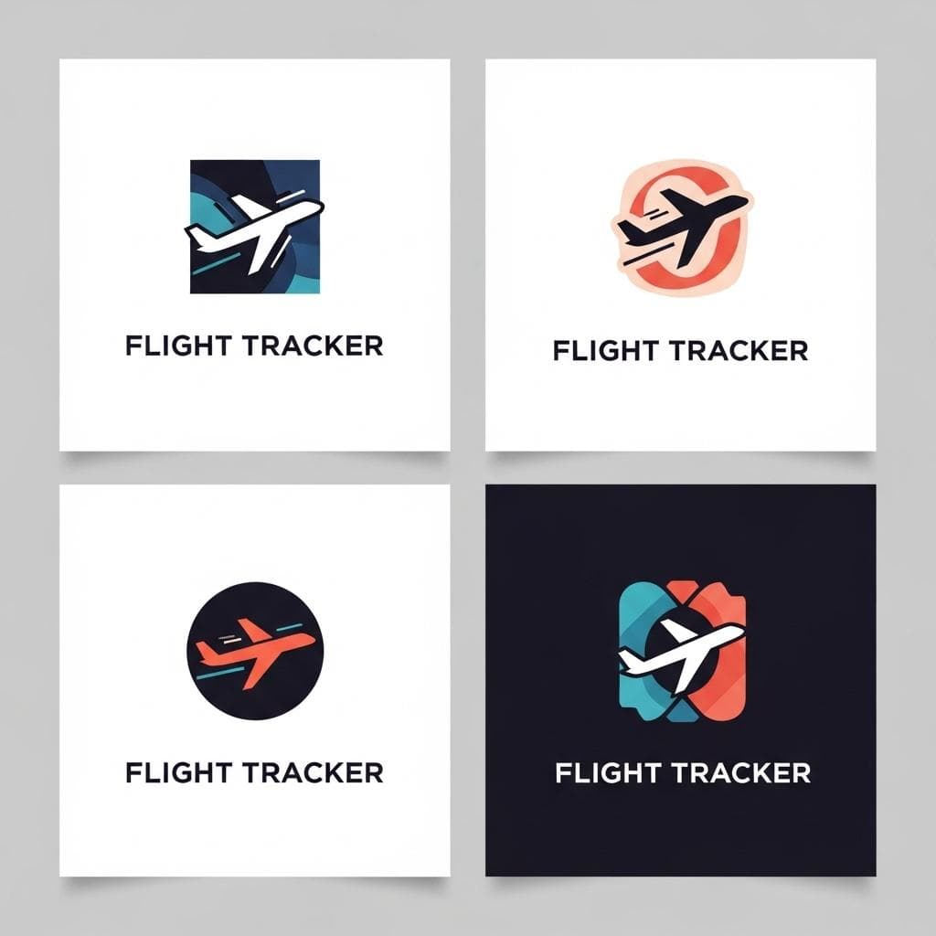 A grid of four distinct, AI-generated logo concepts for a flight tracker app, showcasing different styles: minimalist, classic aviation, calendar-focused, and abstract.