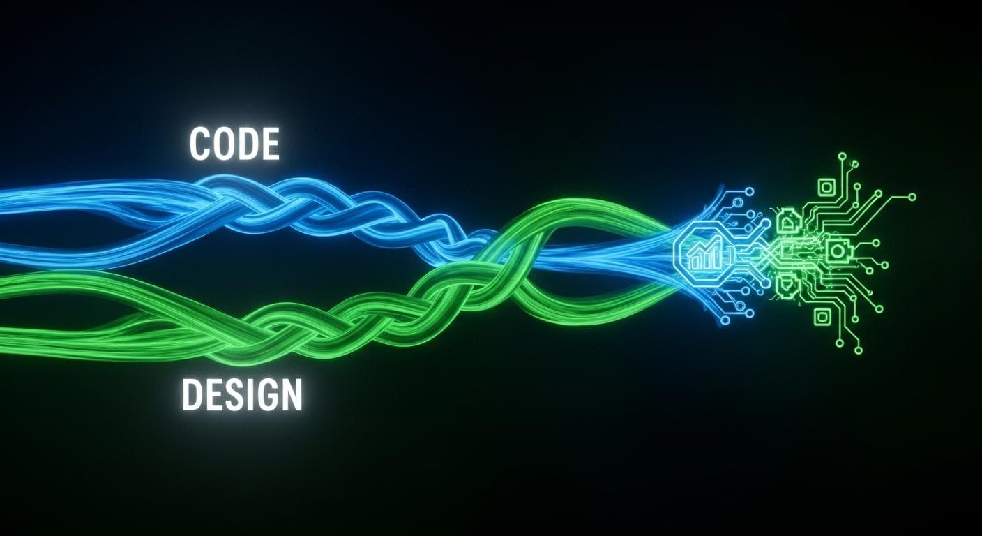 A cinematic visual representation of parallel AI processing. Two streams of light, one vibrant blue representing code generation and one creative green representing logo design, flow concurrently into a central project node.