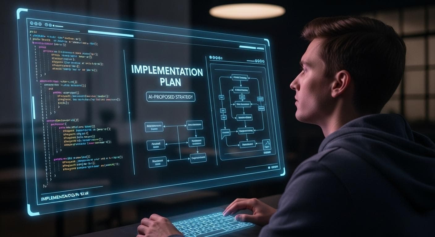 A thoughtful developer, seen from behind, looking at a complex implementation plan on a futuristic transparent screen, evaluating the AI's proposed code structure.