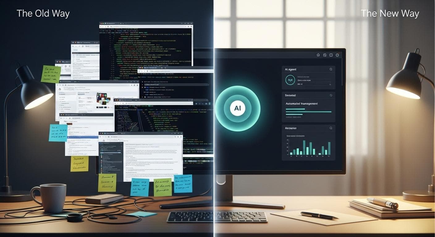 A split-screen comparison. On the left, a cluttered desk representing traditional development with multiple chaotic windows. On the right, a single, clean Anti-Gravity interface where an AI agent calmly manages the complexity.
