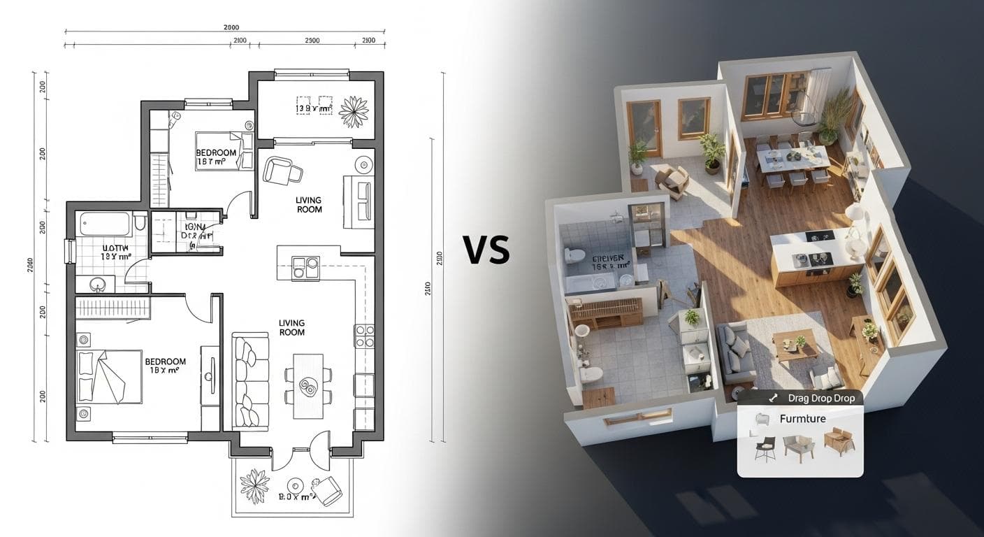 A 2D floor plan image is shown next to its AI-generated, interactive 3D model, allowing a user to explore the space and place virtual furniture.