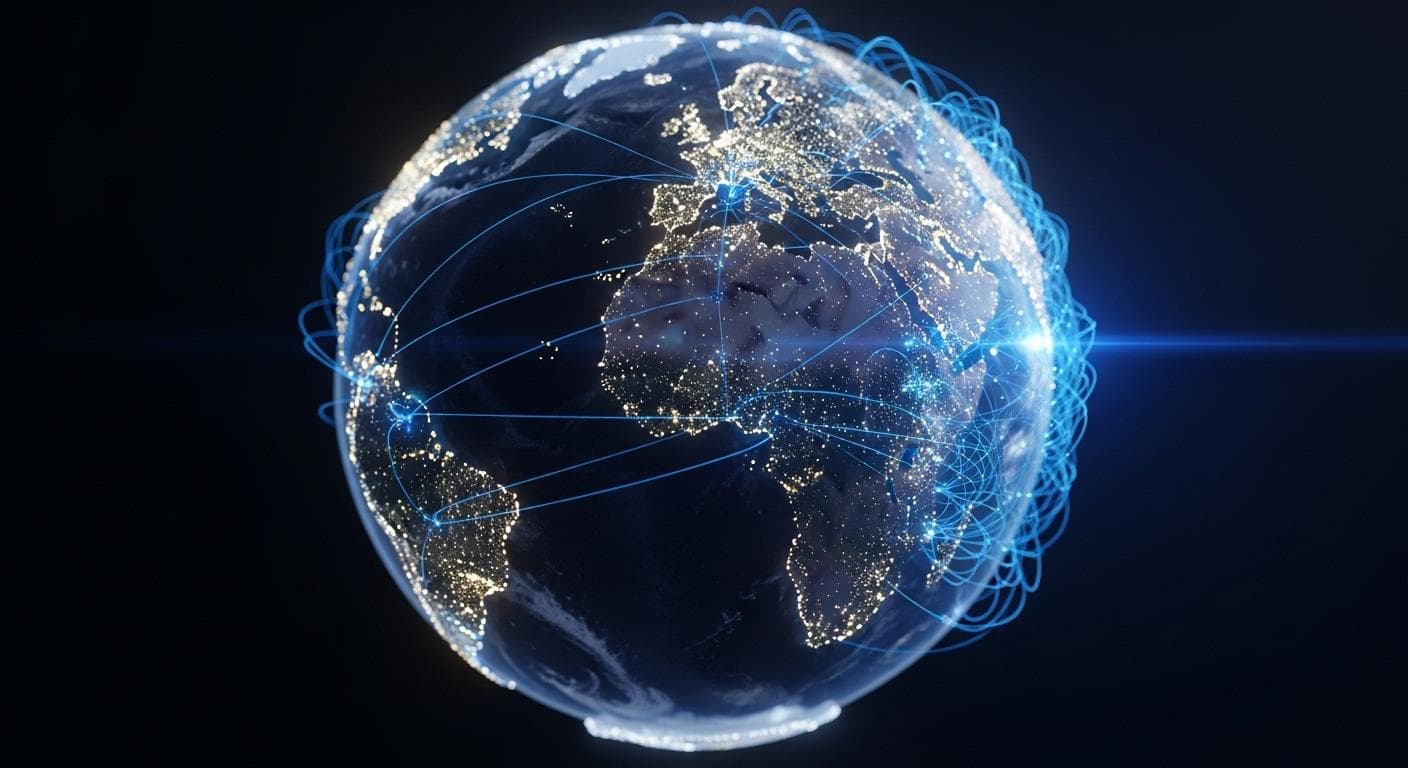 A beautiful 3D rendering of the Earth with glowing data points, illustrating how Gemini 3 can integrate with external APIs like Google Maps to build data-rich applications.