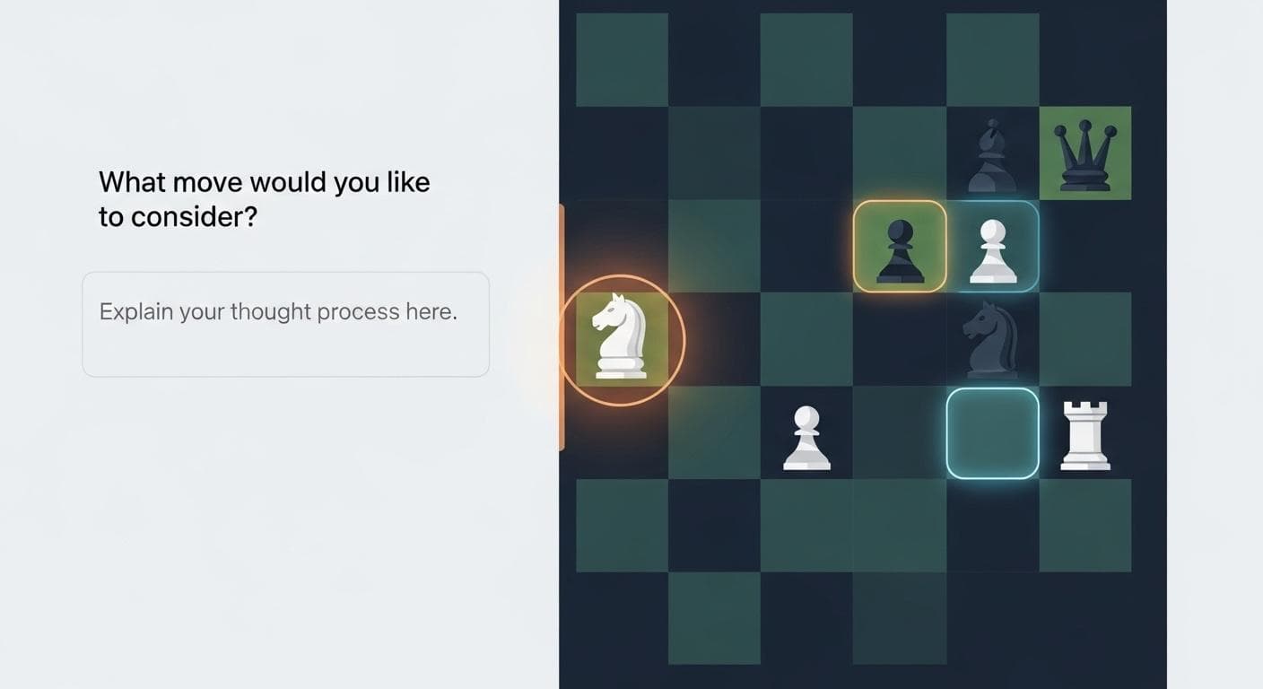 An interactive UI for an AI-generated chess tutor, showing a digital chessboard where highlighted squares indicate possible moves for a chess piece, created from a simple text prompt.