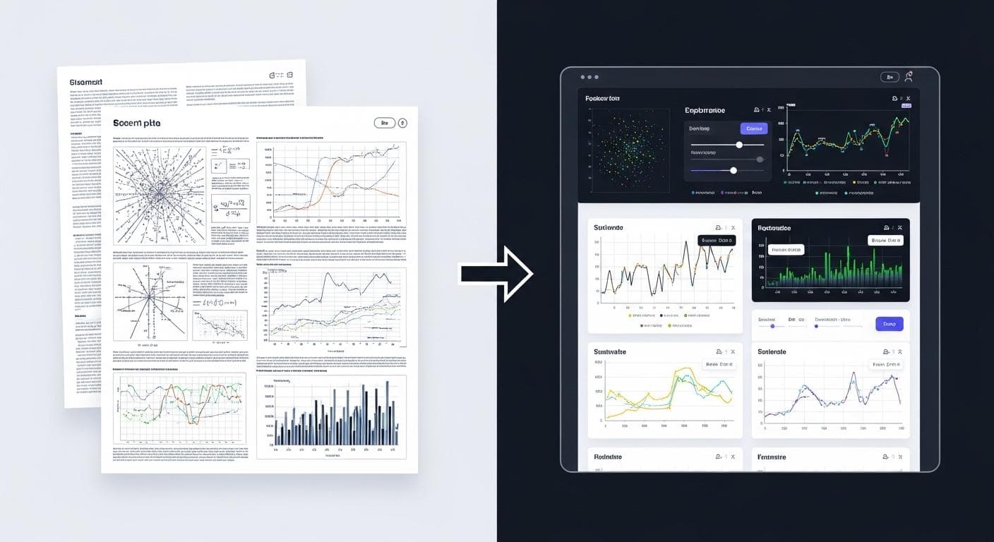 A diagram showing the transformation of a dense scientific PDF into an interactive, user-friendly web application with dynamic charts, demonstrating multimodal input in Gemini 3.