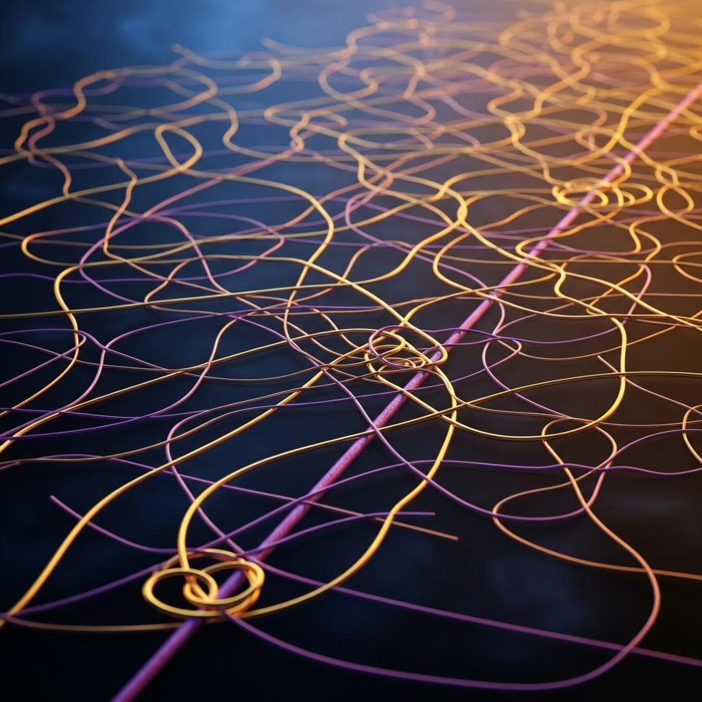 An abstract digital artwork shows intertwined golden and purple threads forming an incredibly intricate, labyrinthine pattern, symbolizing the brilliant but bewildering complexity of Byzantine bureaucracy and espionage.