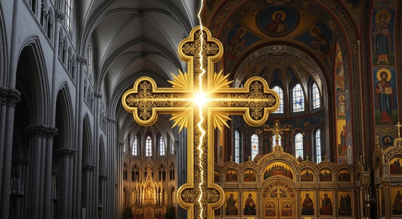 A symbolic digital painting shows a single ornate golden Christian cross splitting down the middle with a crack of bright light, with Roman Catholic architecture on the left and Eastern Orthodox on the right.