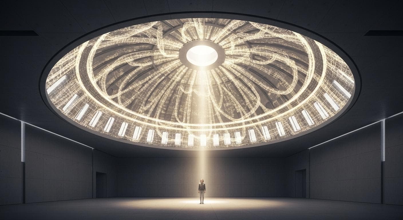 An interior view of a futuristic architectural space where the ceiling is a glowing, modern re-imagining of the Hagia Sophia's dome, demonstrating the timeless power of Byzantine design.
