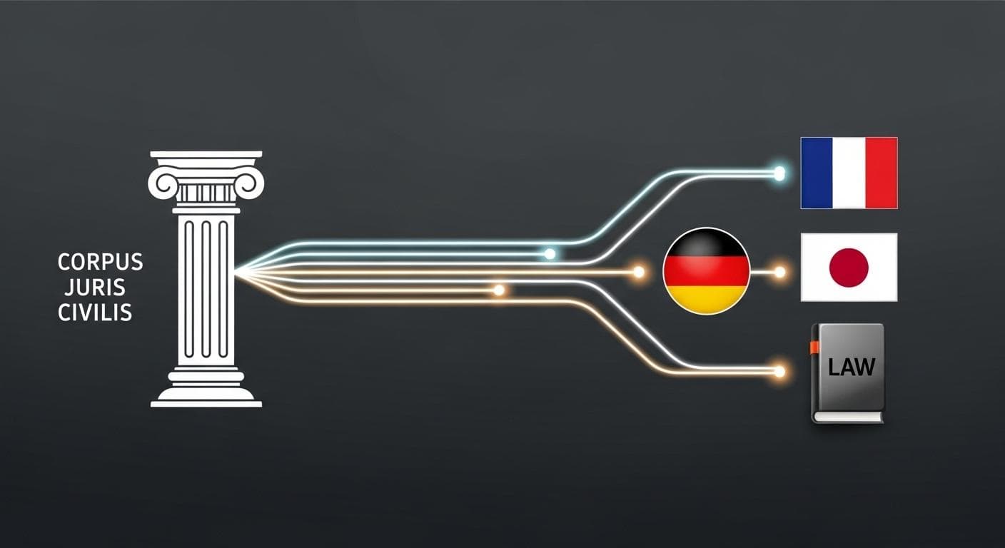 A minimalist infographic shows a Roman pillar labeled 'Corpus Juris Civilis' on the left, with glowing lines connecting it to icons of modern legal systems, including French, German, and Japanese flags, on a clean, dark background.