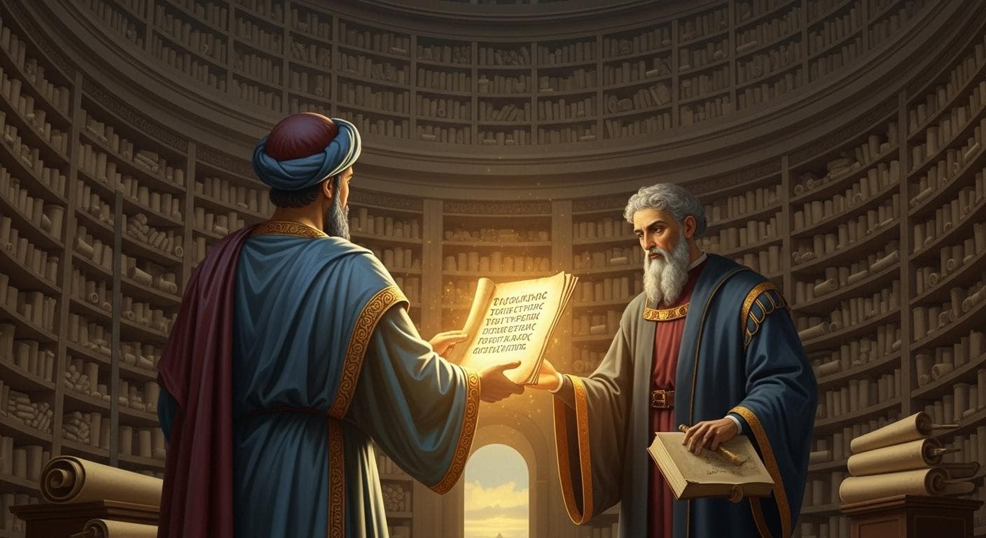 A dramatic painting shows a Byzantine scholar, seen from behind in a vast library, handing a glowing ancient Greek manuscript to a figure in Italian Renaissance attire, symbolizing the transfer of knowledge across centuries.