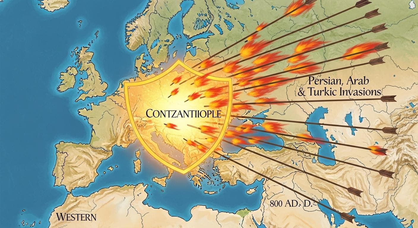 A stylized historical map depicts the Byzantine Empire as a glowing golden shield over Constantinople, deflecting fiery arrows of invasion from the East, protecting a calmer Western Europe.