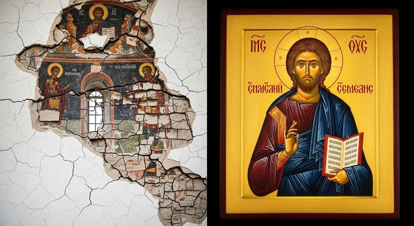A split-panel image showing the legacy of Iconoclasm: on the left, a damaged, whitewashed Byzantine fresco with hints of color, and on the right, a vibrant, fully realized Orthodox icon representing artistic rebirth.