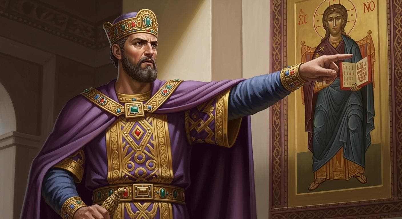 A conceptual portrait of a stern Byzantine Emperor Leo III, robed in imperial purple and gold, pointing with an authoritative gesture towards a religious icon, commanding its removal.