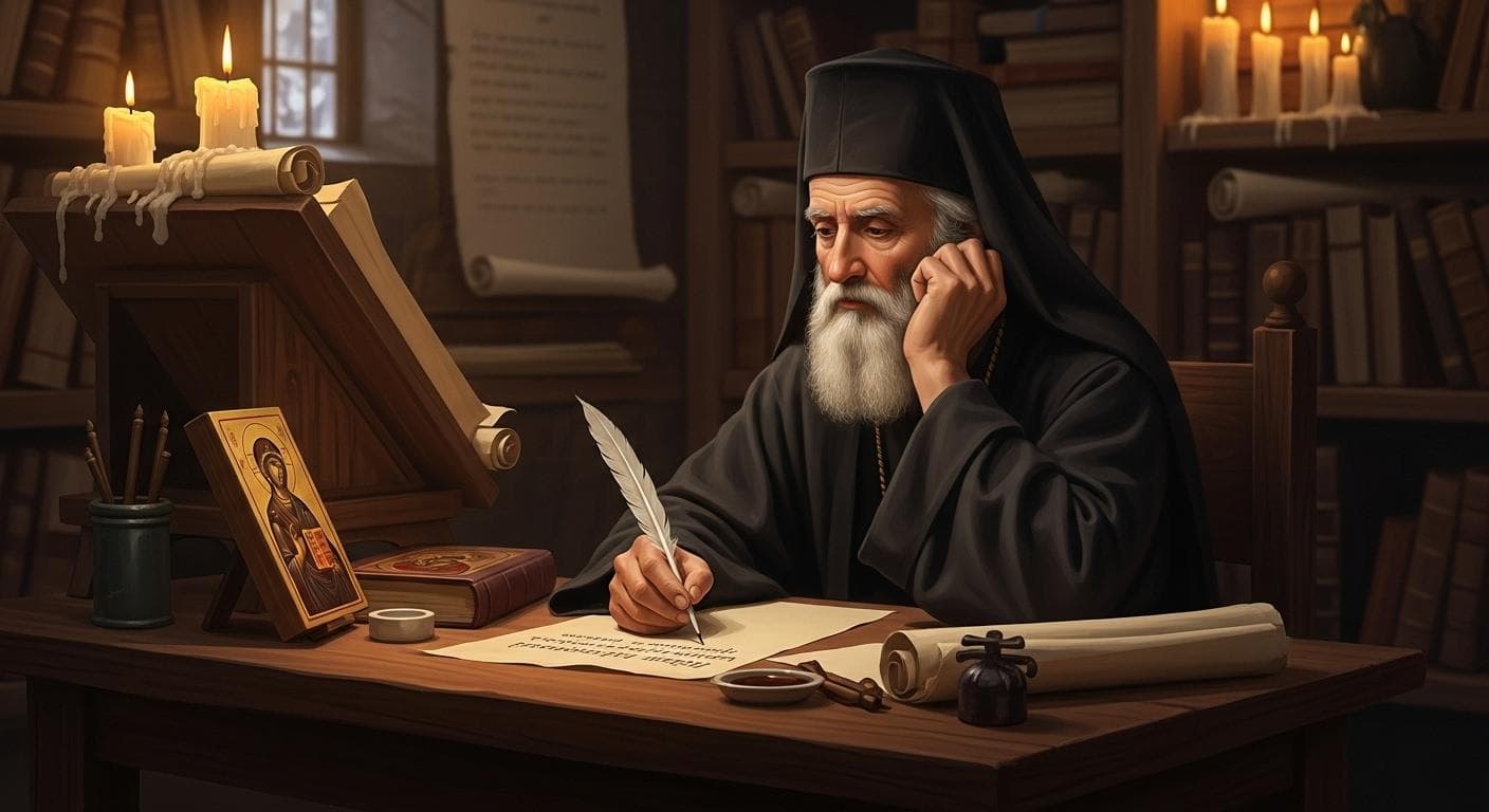 A thoughtful Byzantine monk, representing John of Damascus, sits in a dark, candle-lit scriptorium, diligently writing a theological treatise in defense of icons with a quill and ink.
