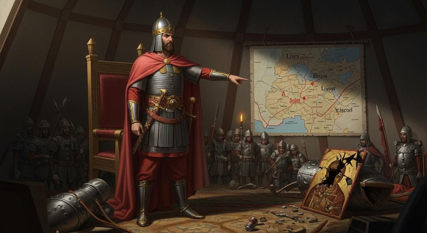 A conceptual image of Byzantine Emperor Leo V linking military defeats on a map to the use of icons, motivating his decision to reinstate Iconoclasm.