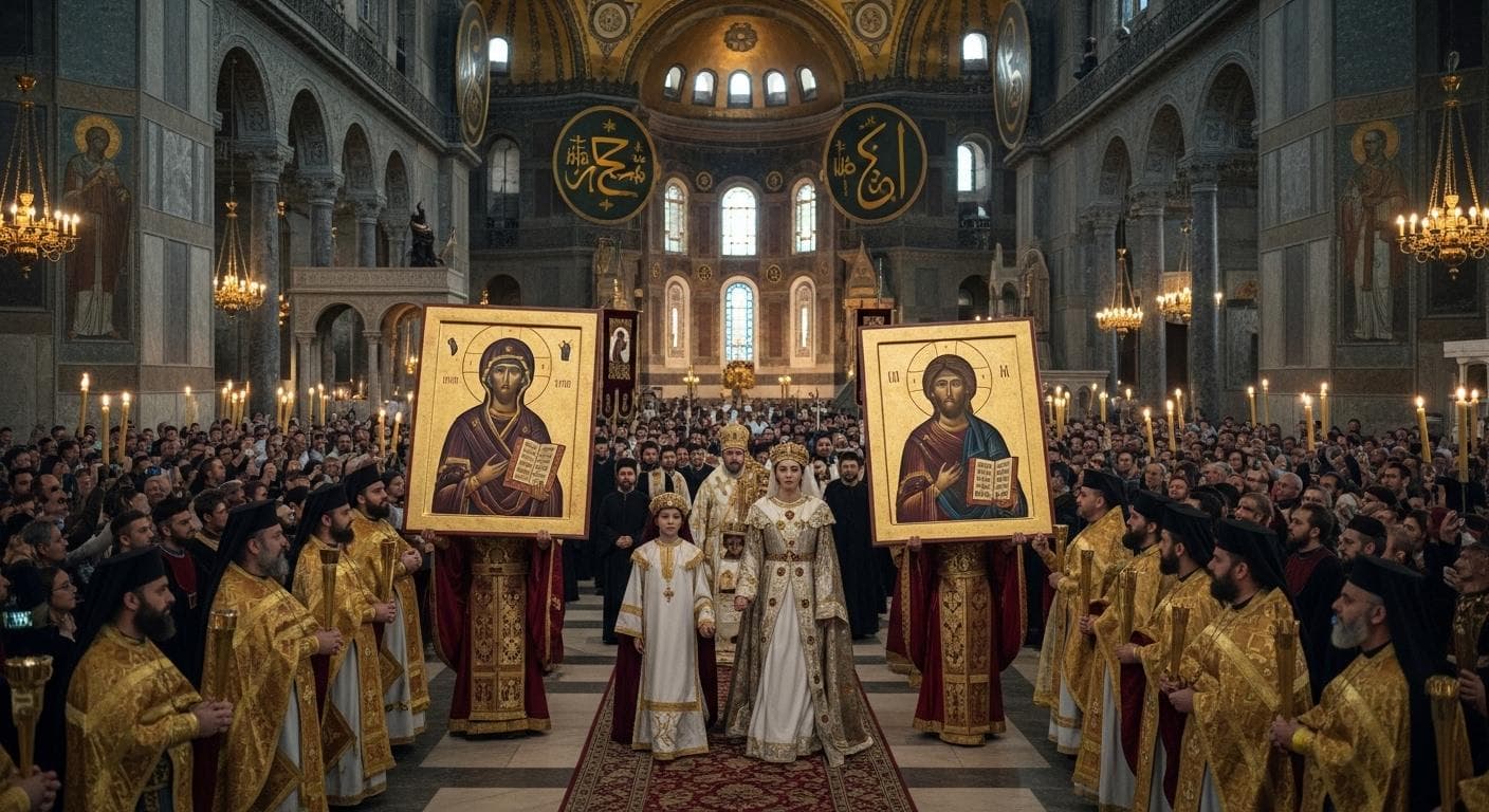 A grand, cinematic scene depicting Empress Theodora leading a procession with her young son into the Hagia Sophia, surrounded by clergy holding newly restored, gleaming icons aloft.