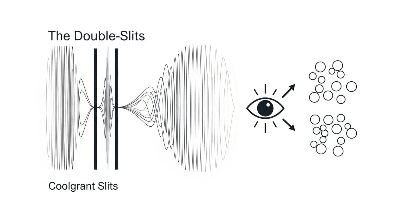 A stylized scientific illustration of the double-slit experiment, showing coherent waves of light passing through two slits and creating an interference pattern, which collapses into distinct particle patterns when an abstract 'eye' symbol indicates observation.