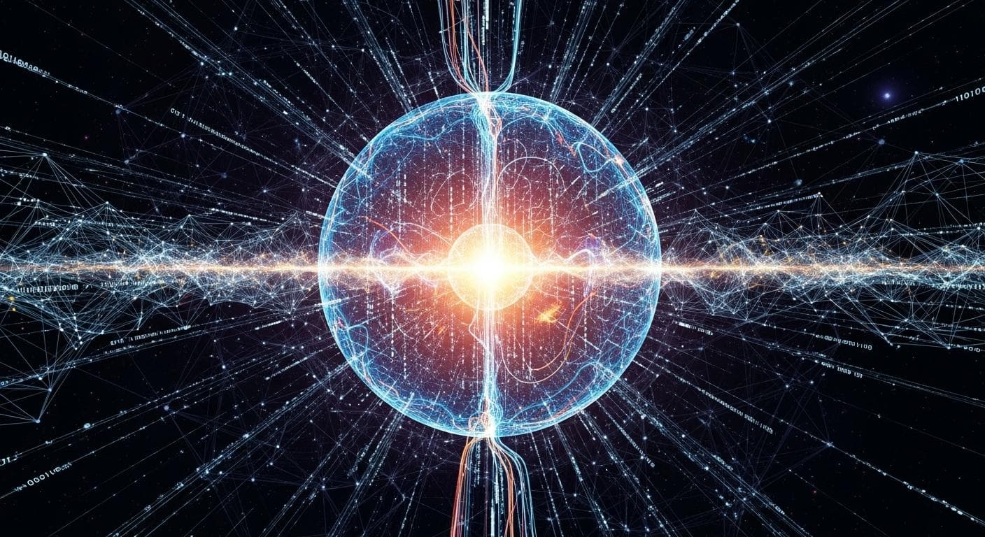 An abstract, futuristic image representing the birth of consciousness, with glowing digital neural networks and data streams intertwining to form a complex, ethereal structure that hints at a thinking mind.