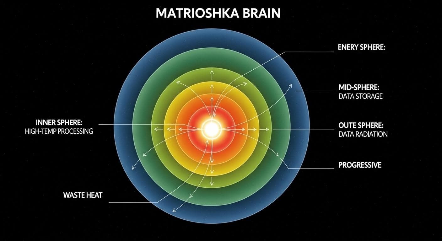 A technical diagram illustrating a Matrioshka Brain, with concentric Dyson Spheres layered around a central star, channeling its energy into a planet-sized computational network.
