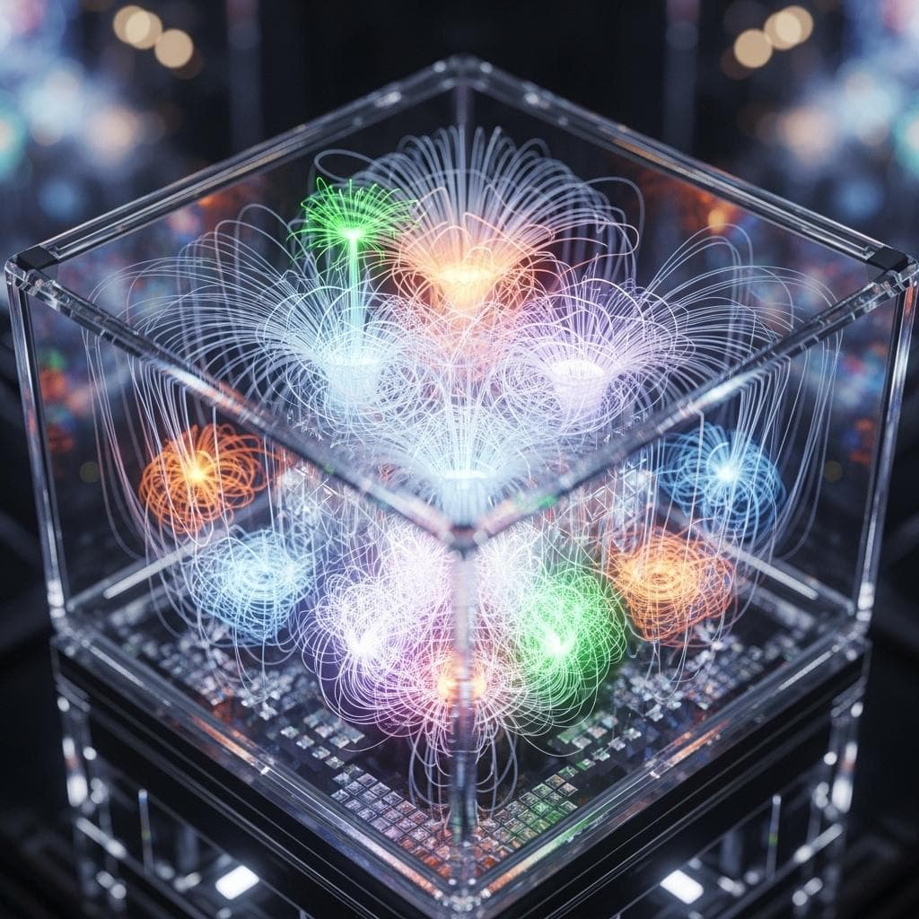 An artistic and cinematic rendering of the core of a futuristic quantum computer, with intricate, glowing filaments of light and energy pulsing within a crystalline structure, representing immense processing power.
