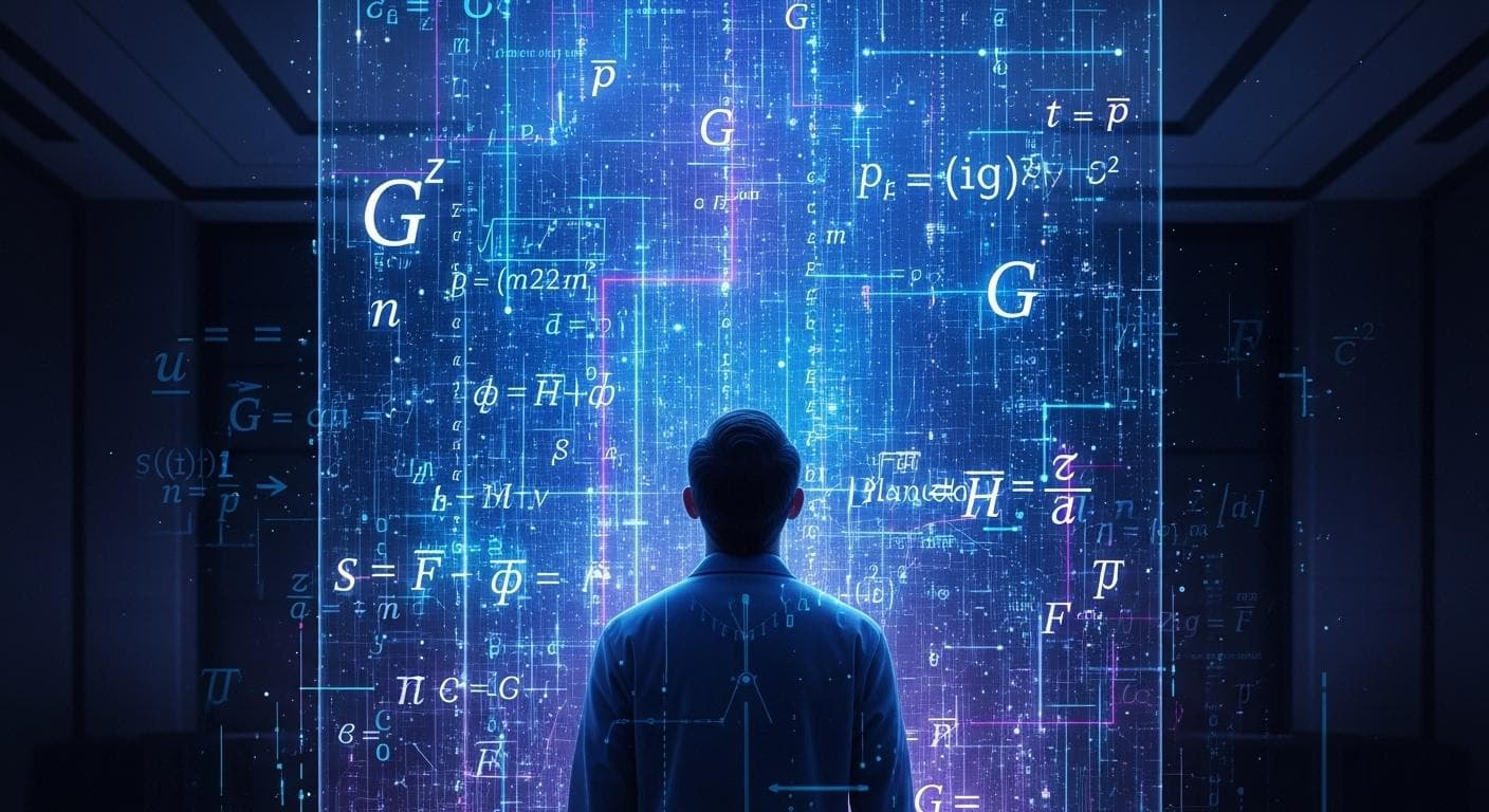 A conceptual image of a thoughtful scientist, seen from behind, analyzing a vast, holographic display filled with glowing lines of code representing the fundamental physical constants of the universe.