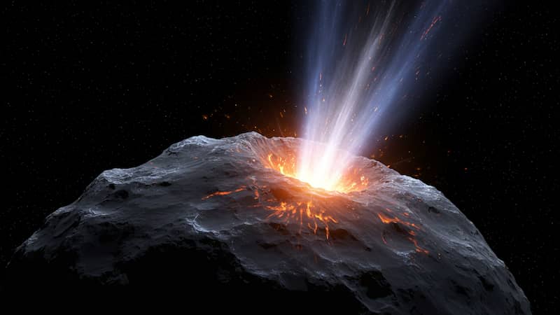 A dramatic, close-up illustration of the comet's icy nucleus, with bright jets of gas and dust erupting from its dark surface into a glowing coma.