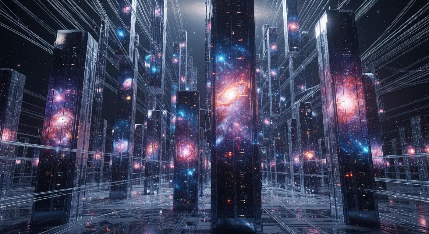 An awe-inspiring shot of a colossal, cosmic-scale server farm. Nebulae and star clusters are housed within vast, crystalline structures connected by filaments of light, suggesting the immense computational power needed to run a universe.