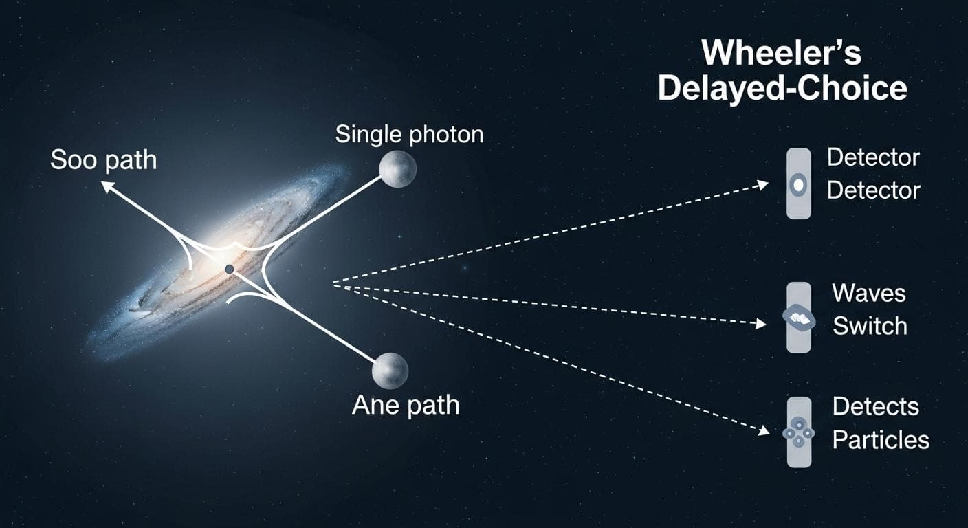 A conceptual representation of Wheeler's Delayed-Choice experiment. A beam of light splits, travels two paths around a cosmic object, and is shown heading toward a detector. Just before it arrives, a switch flips, changing the detector's configuration, with lines of causality appearing to go backward in time to the split.