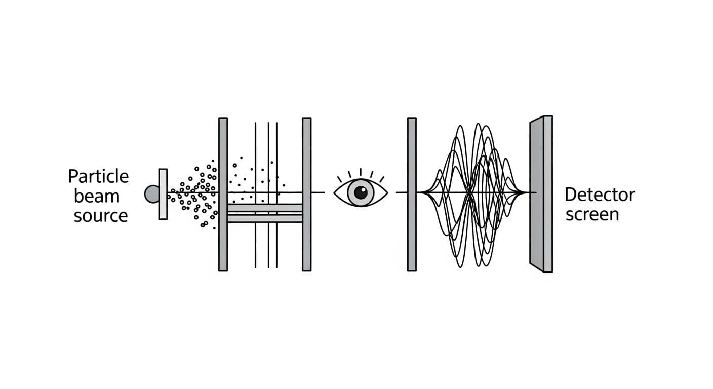 A clear and simple scientific diagram illustrating the double-slit experiment. It shows a particle source, a barrier with two slits, and a detector screen. One path shows particles creating two clumps, while another path shows waves creating a complex interference pattern. A stylized 'eye' symbol is placed between the slits and screen to represent the act of observation changing the outcome.