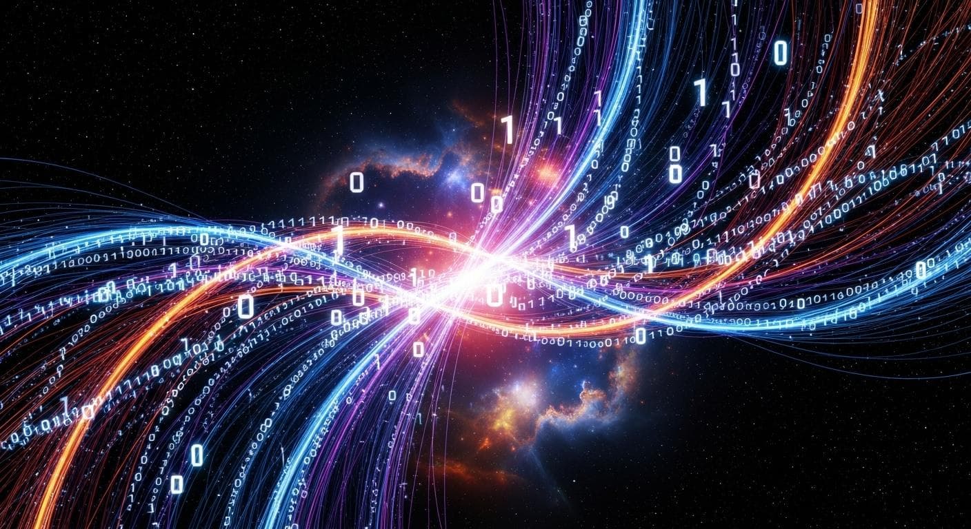 An abstract, futuristic image representing error-correcting code within string theory. Glowing, ethereal strings of light twist and weave through a dark space, with binary digits (0s and 1s) embedded within and flowing along the strands.