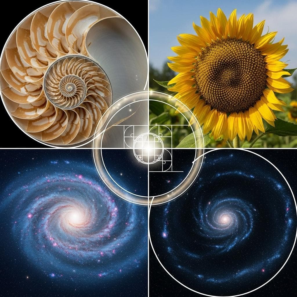 A beautiful composite image displaying the Fibonacci spiral. One corner shows the spiral in a nautilus shell, another in the seed pattern of a sunflower, a third in the arms of a spiral galaxy, all seamlessly blending together to show the universal pattern.