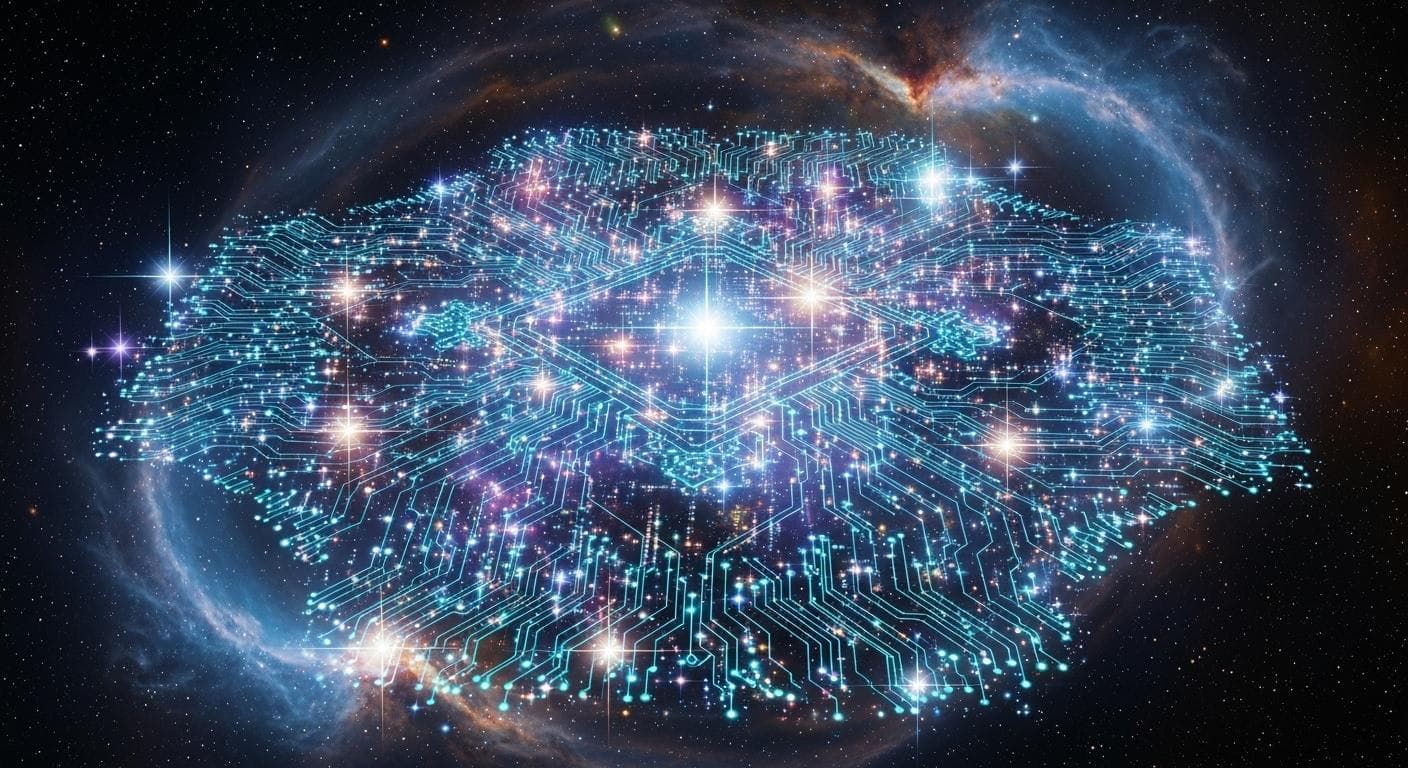 A powerful, artistic image of a vast nebula that has the intricate, glowing patterns of a futuristic computer motherboard. Stars act as nodes, and filaments of gas look like glowing circuits, representing a universe built on computation.