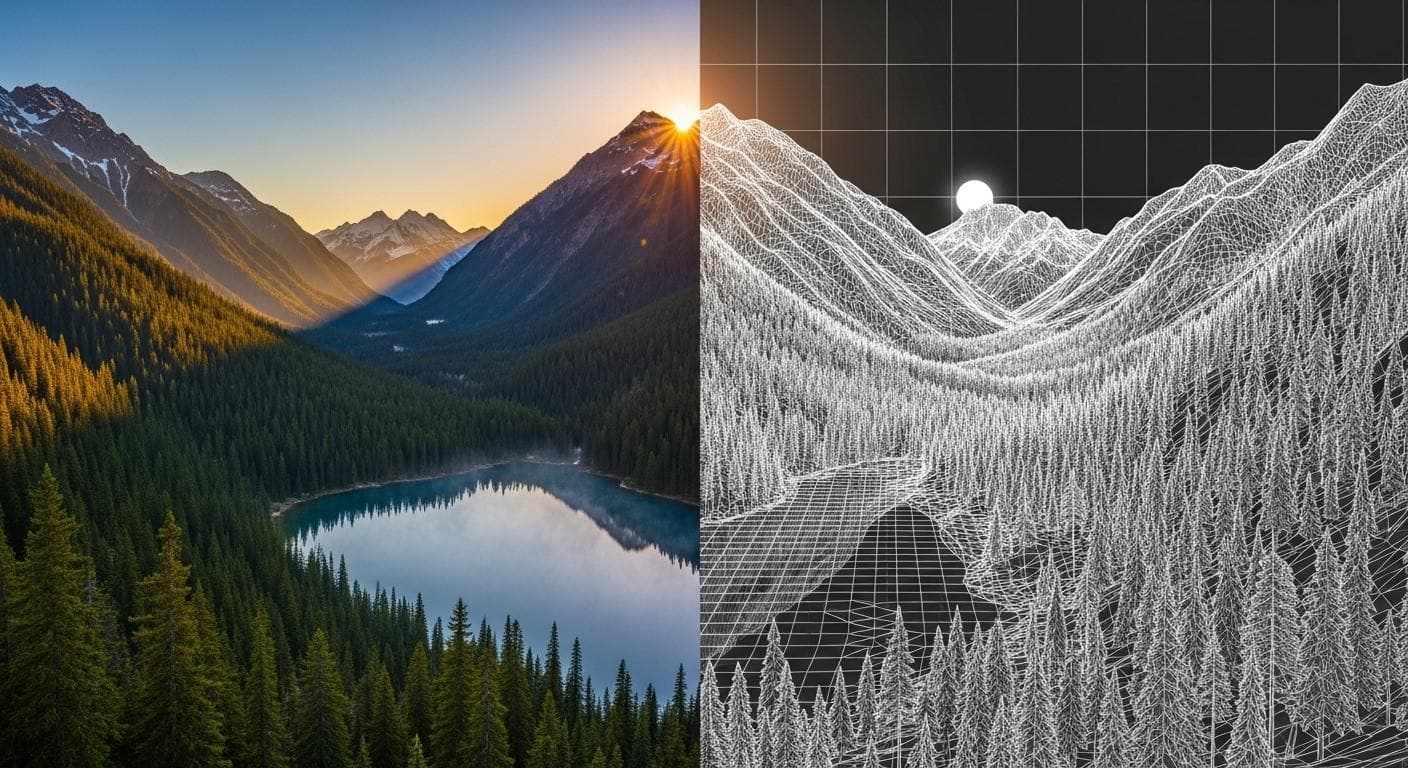A visual analogy for rendering on demand. The left half of the image is a photorealistic, lush mountain landscape. The right half shows the same landscape as a wireframe grid with untextured polygons, as if it's in the process of being rendered by a computer.