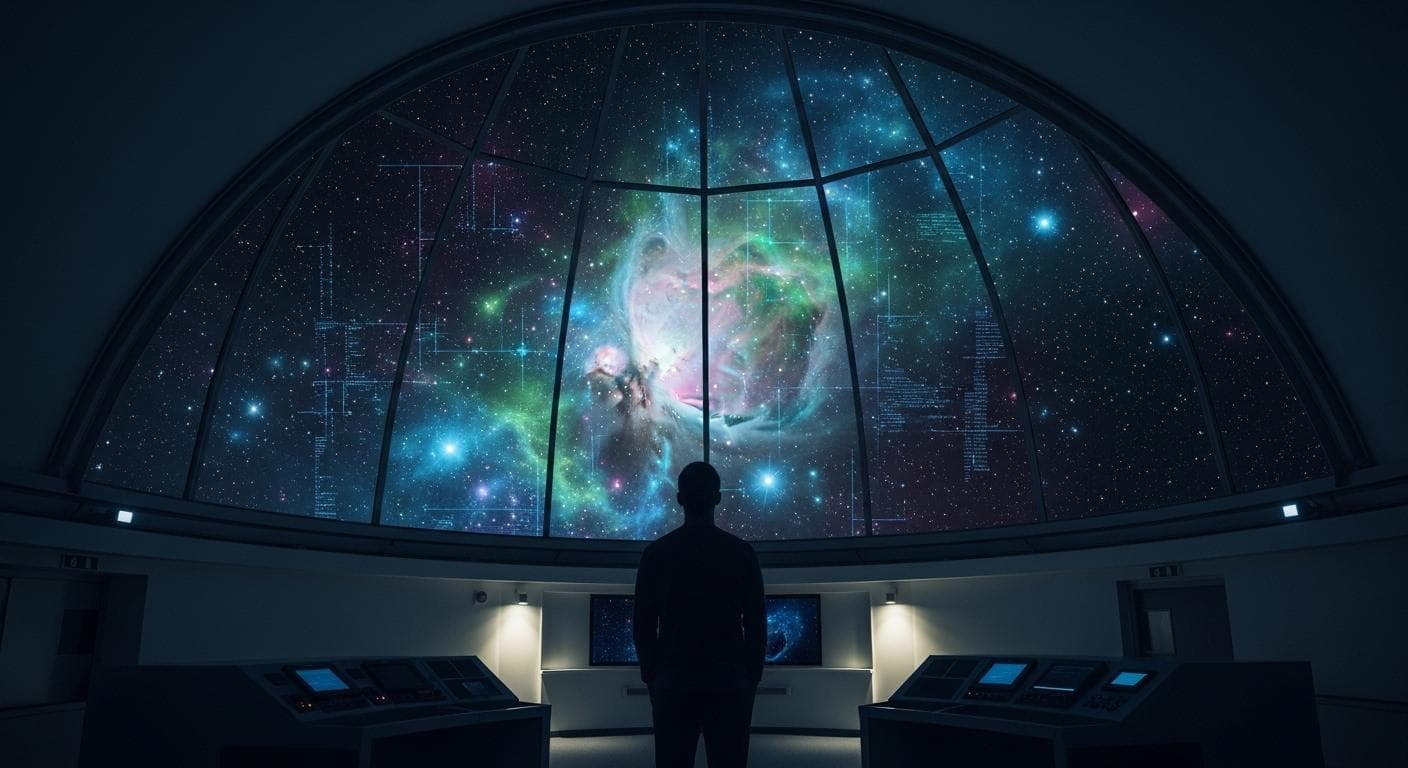 A conceptual image of a thoughtful astrophysicist, seen from behind, looking out from an observatory at a vast, swirling nebula that subtly incorporates glowing geometric patterns and lines of code. The figure is a silhouette against the cosmic light.