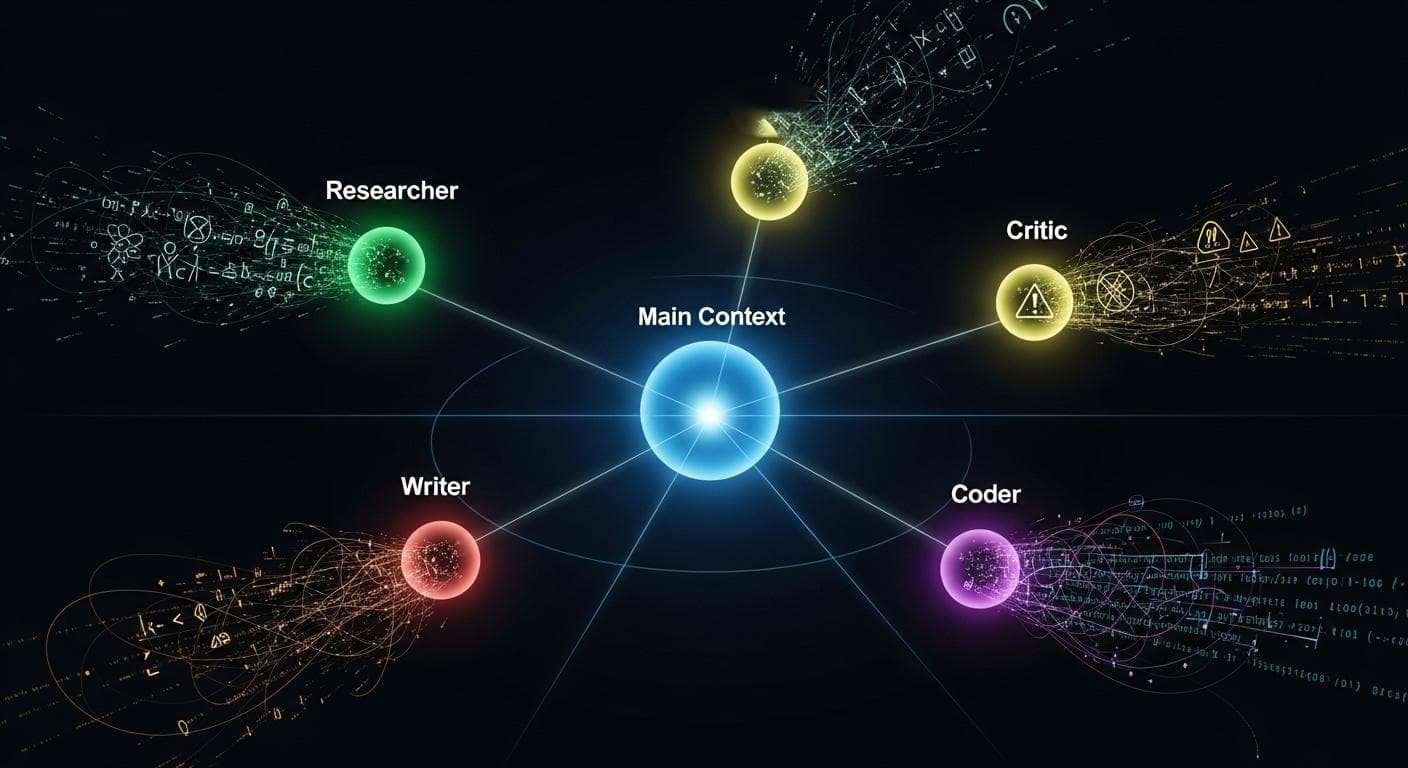 An abstract visualization of a team of AI agents. A central glowing orb labeled 'Main Context' delegates tasks via light beams to smaller, specialized orbs labeled 'Researcher,' 'Writer,' 'Critic,' and 'Coder,' each working on a distinct data stream.