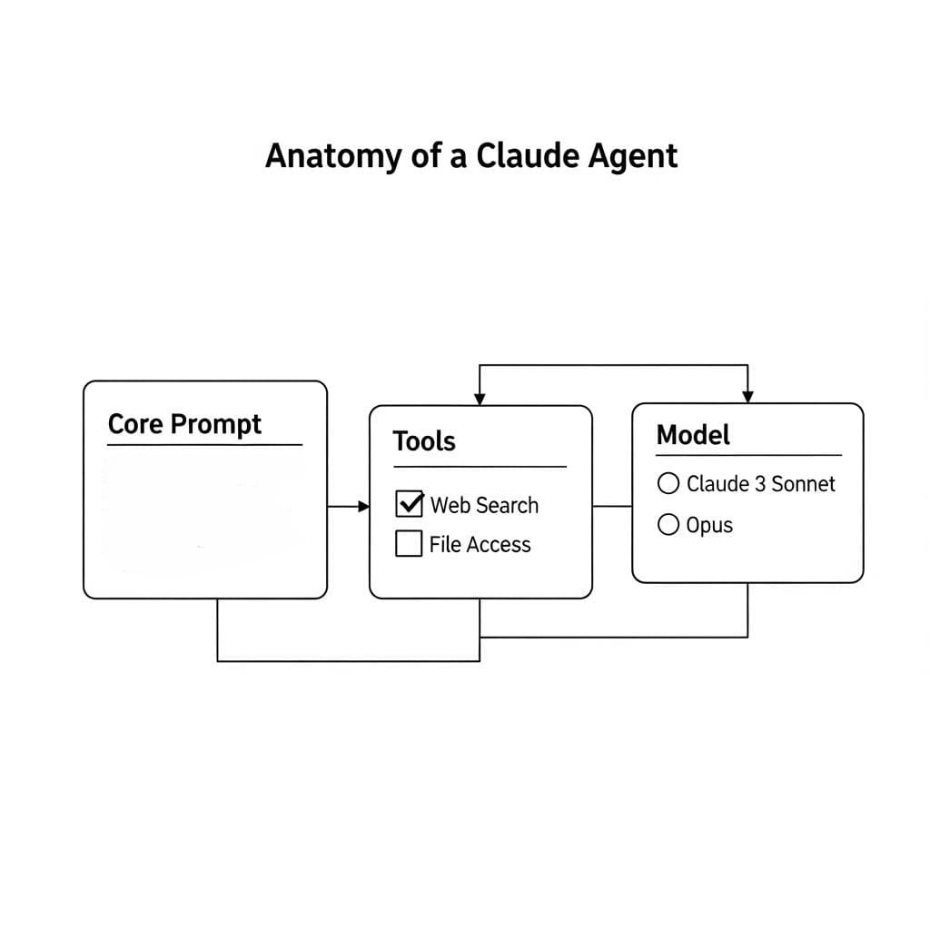 A simple, clean diagram titled 'Anatomy of a Claude Agent' with three boxes connected: 'Core Prompt' (defining its role), 'Tools' (listing permissions like 'Web Search', 'File Access'), and 'Model' (showing options like 'Claude 3 Sonnet' or 'Opus').