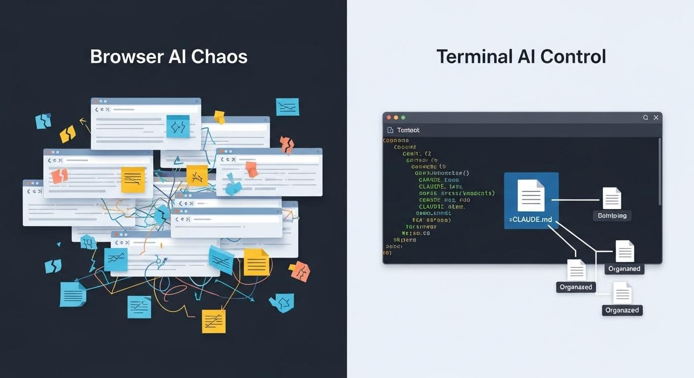 A split-screen style infographic. On the left, titled 'Browser AI Chaos,' multiple chaotic browser tabs and scattered notes are shown. On the right, titled 'Terminal AI Control,' a single, clean terminal window is shown with a central CLAUDE.md file connecting to different task outputs.