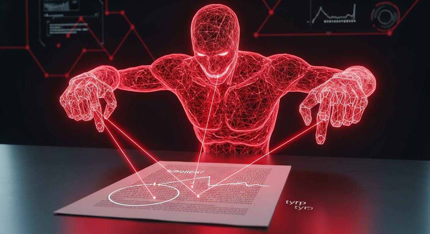 A conceptual image of an AI critic. A glowing red holographic figure meticulously scans a document, highlighting flaws and suggesting improvements with laser-like precision. The style is sharp, clean, and analytical.