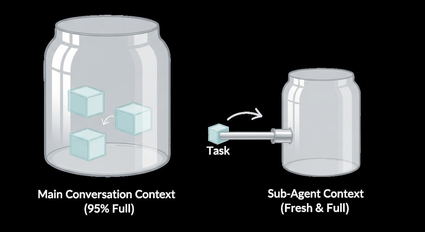 A diagram showing a large container labeled 'Main Conversation Context (Limited)' with a small pipe leading out to a separate, fresh container labeled 'Sub-Agent Context (Full Capacity)'. This illustrates how delegating tasks protects the main context window.