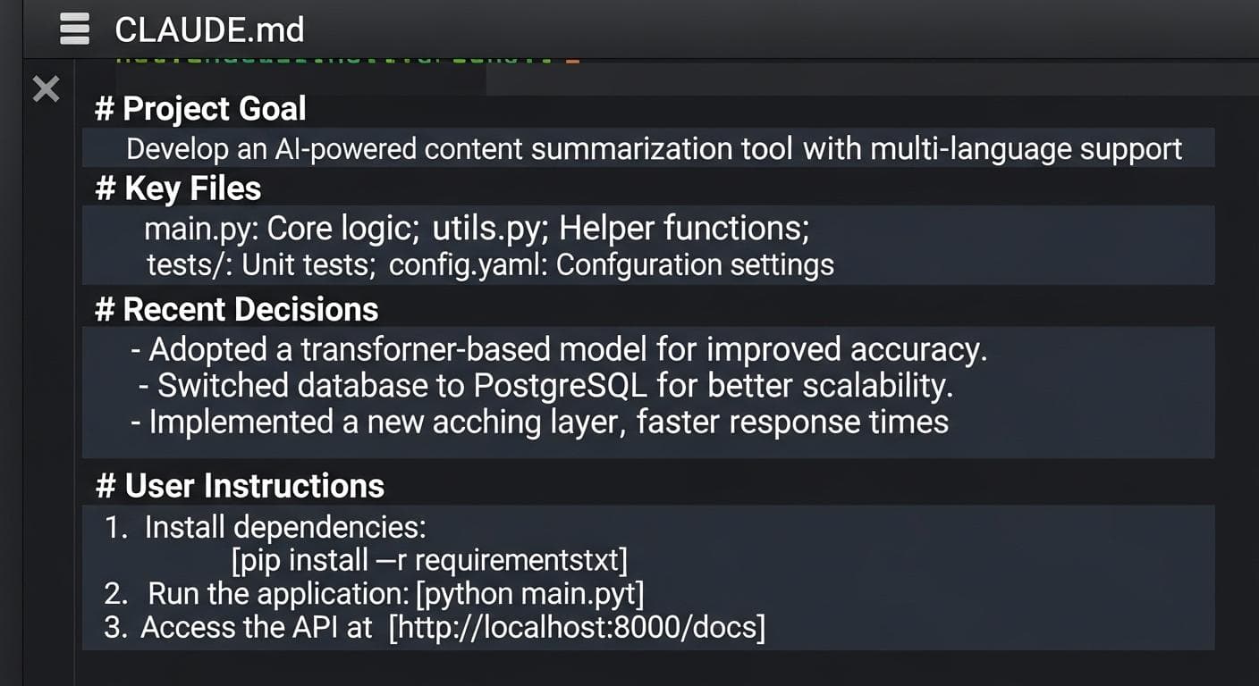 A clean graphical representation of a CLAUDE.md file's content. It has clear sections like 'Project Goal,' 'Key Files,' 'Recent Decisions,' and 'User Instructions,' with example text in each.