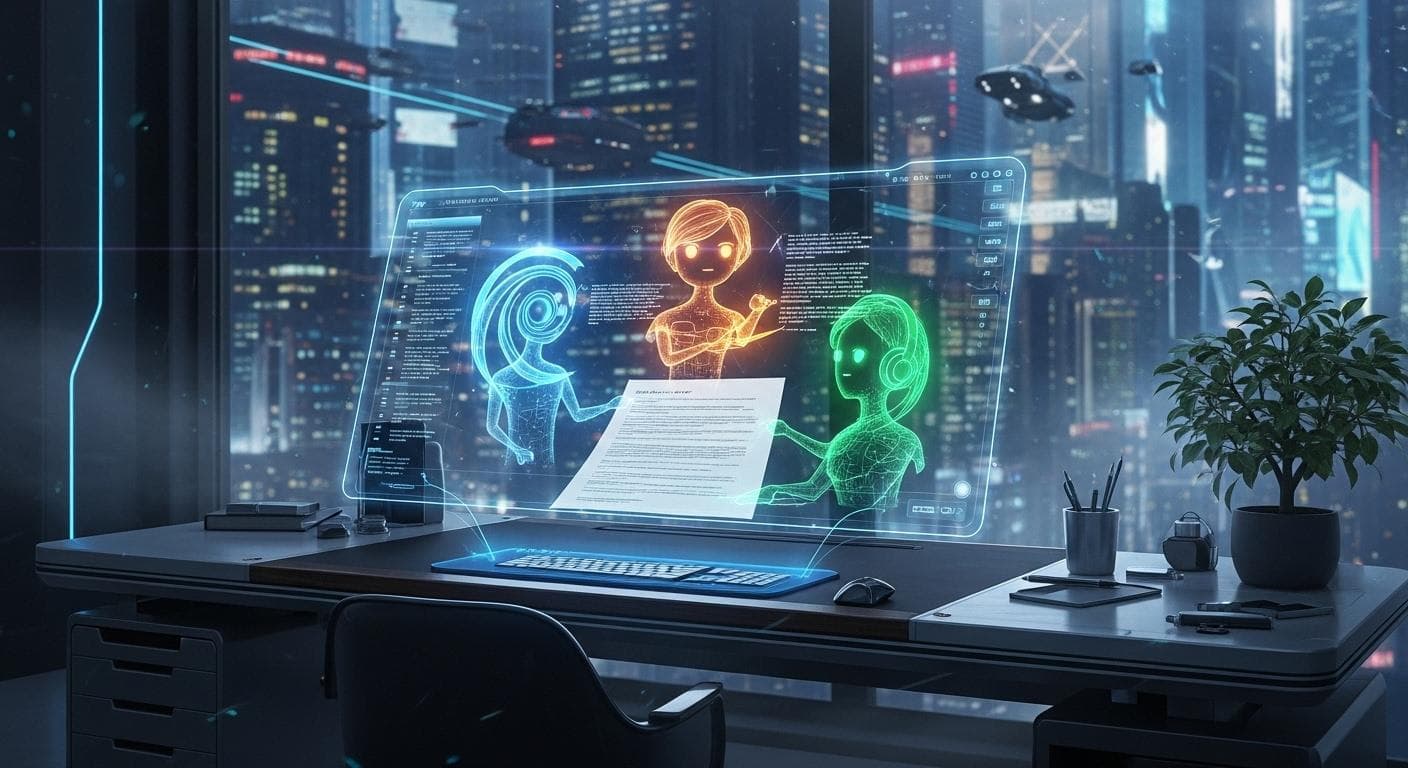 A futuristic concept art of a writer's desk. Instead of a monitor, a holographic terminal floats in the air, with three distinct AI 'personalities' represented by different colored light constructs, collaborating on a document.