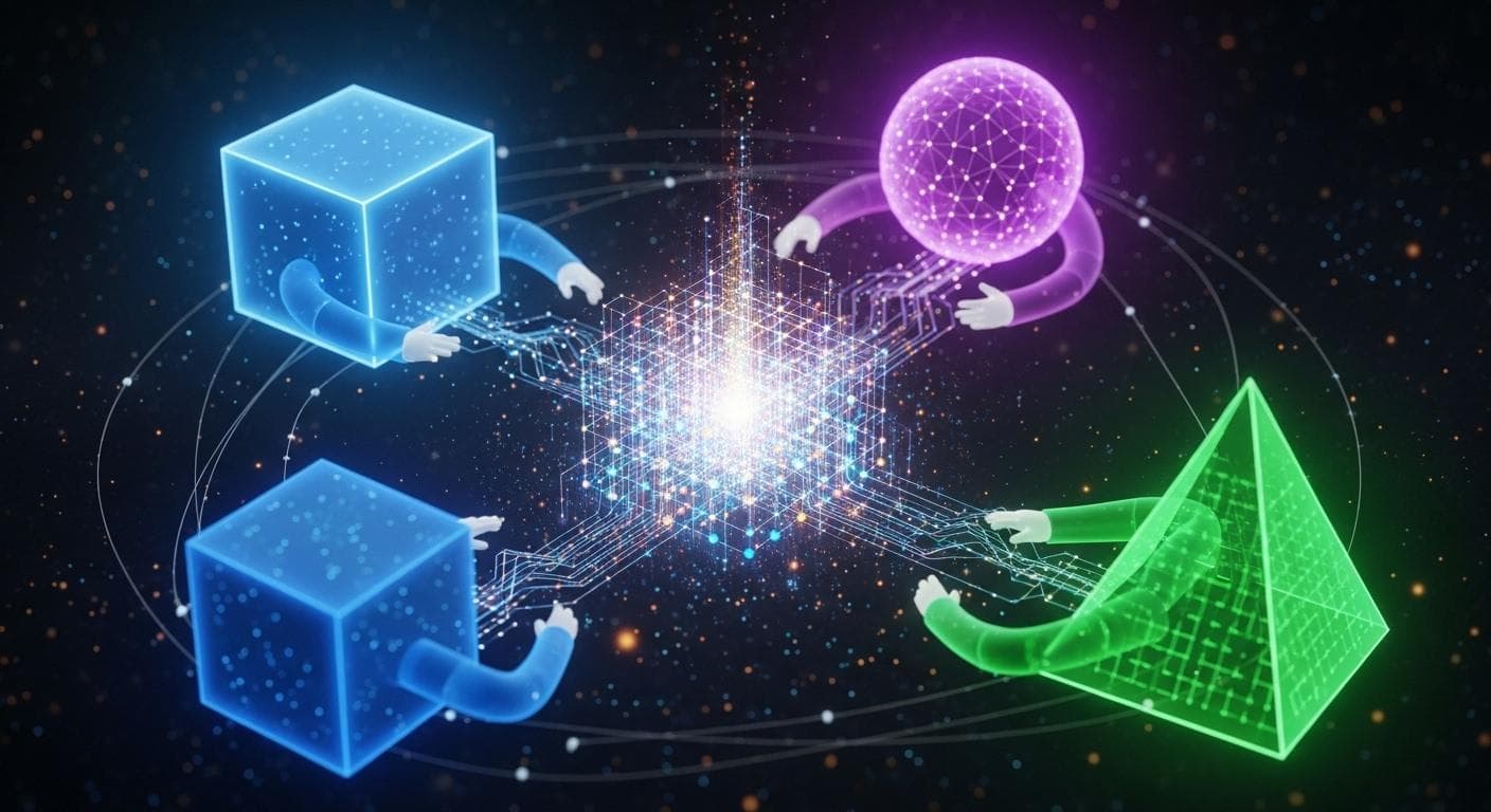An abstract digital art piece showing three distinct AI entities, represented by different geometric shapes and color schemes (blue, purple, green), interconnected and working together on a complex, glowing data structure in the center.