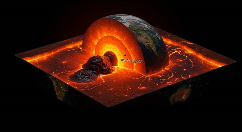 A dramatic cross-section of the Earth's interior, showing the crust, mantle, and core, with a glowing anomaly near the core-mantle boundary beneath Africa.