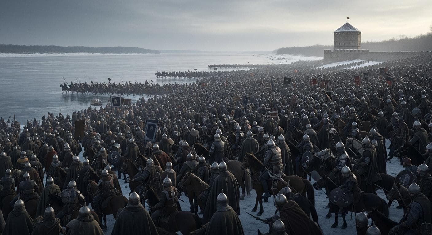 A dramatic, cinematic shot of a massive horde of Gothic and Hunnic warriors on horseback crossing the wide, icy Danube River into Roman territory, with a small, overwhelmed Roman watchtower in the distance, symbolizing immense external pressure.