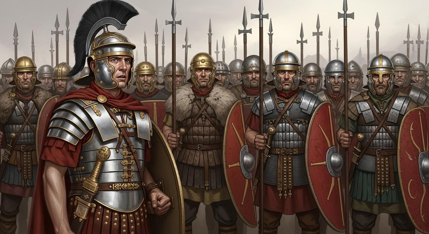 A Roman officer with classic polished armor inspects a line of soldiers whose gear is mismatched and clearly of non-Roman, Germanic, and Gothic origin, visually contrasting the disciplined legionary ideal with the reality of the late empire's mercenary army.