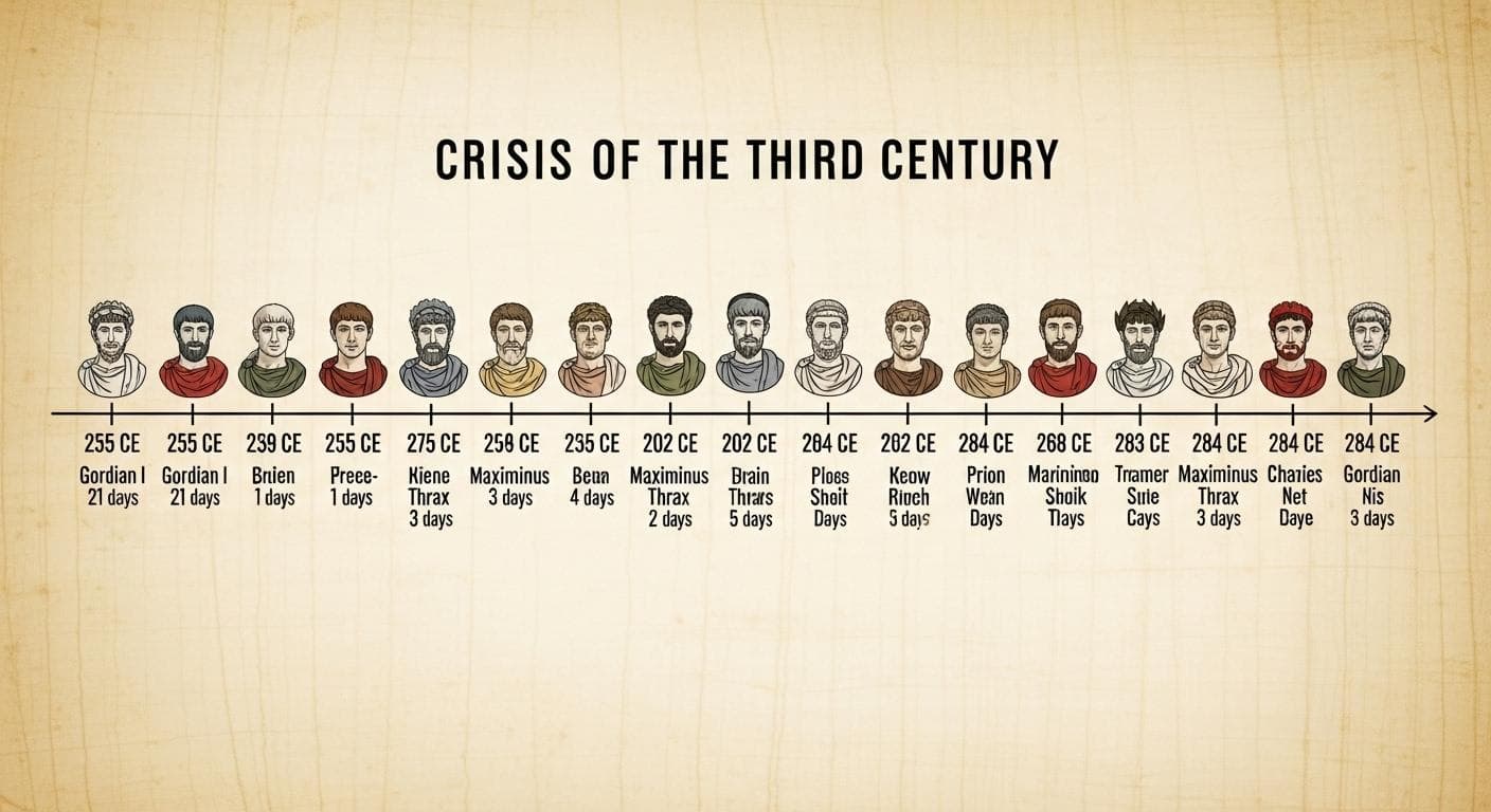 A simple timeline diagram illustrating the chaos of the Crisis of the Third Century, showing a rapid succession of Roman emperor busts with very short reign dates listed below each one, from 235 CE to 284 CE.