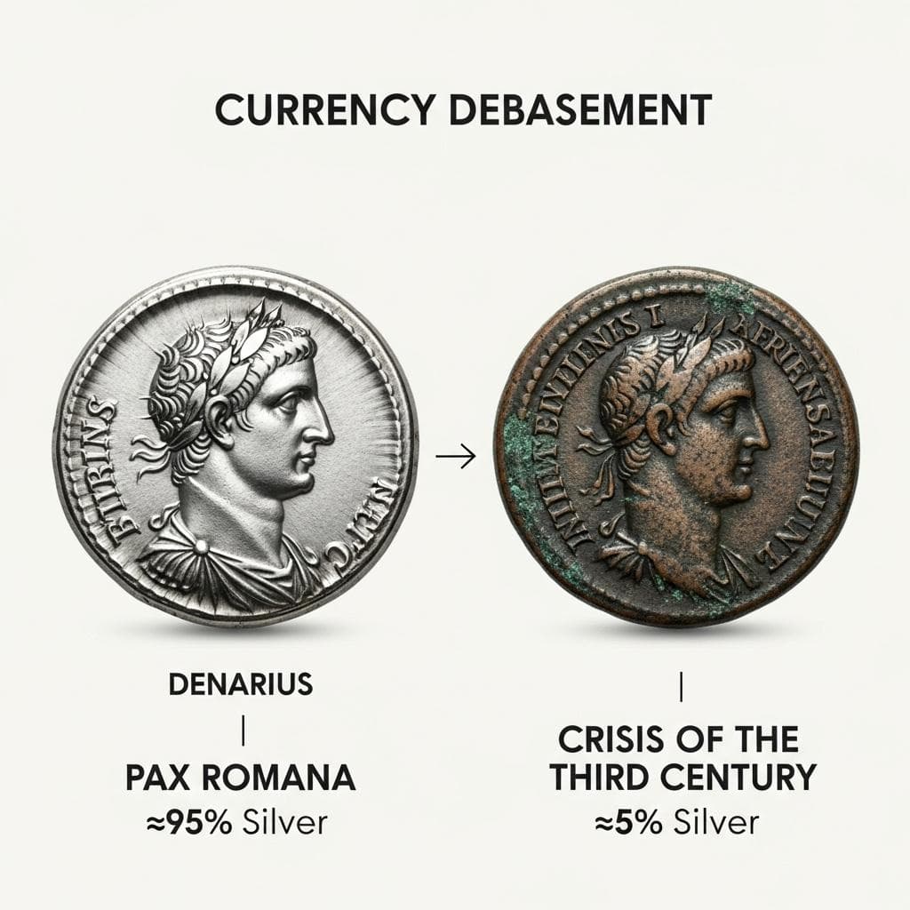 An explainer image showing a side-by-side comparison of two Roman denarius coins. The first, labeled 'Early Empire', is a pristine, high-purity silver coin. The second, labeled 'Crisis of the Third Century', is visibly corroded, darker, and has a coppery tint, illustrating currency debasement.